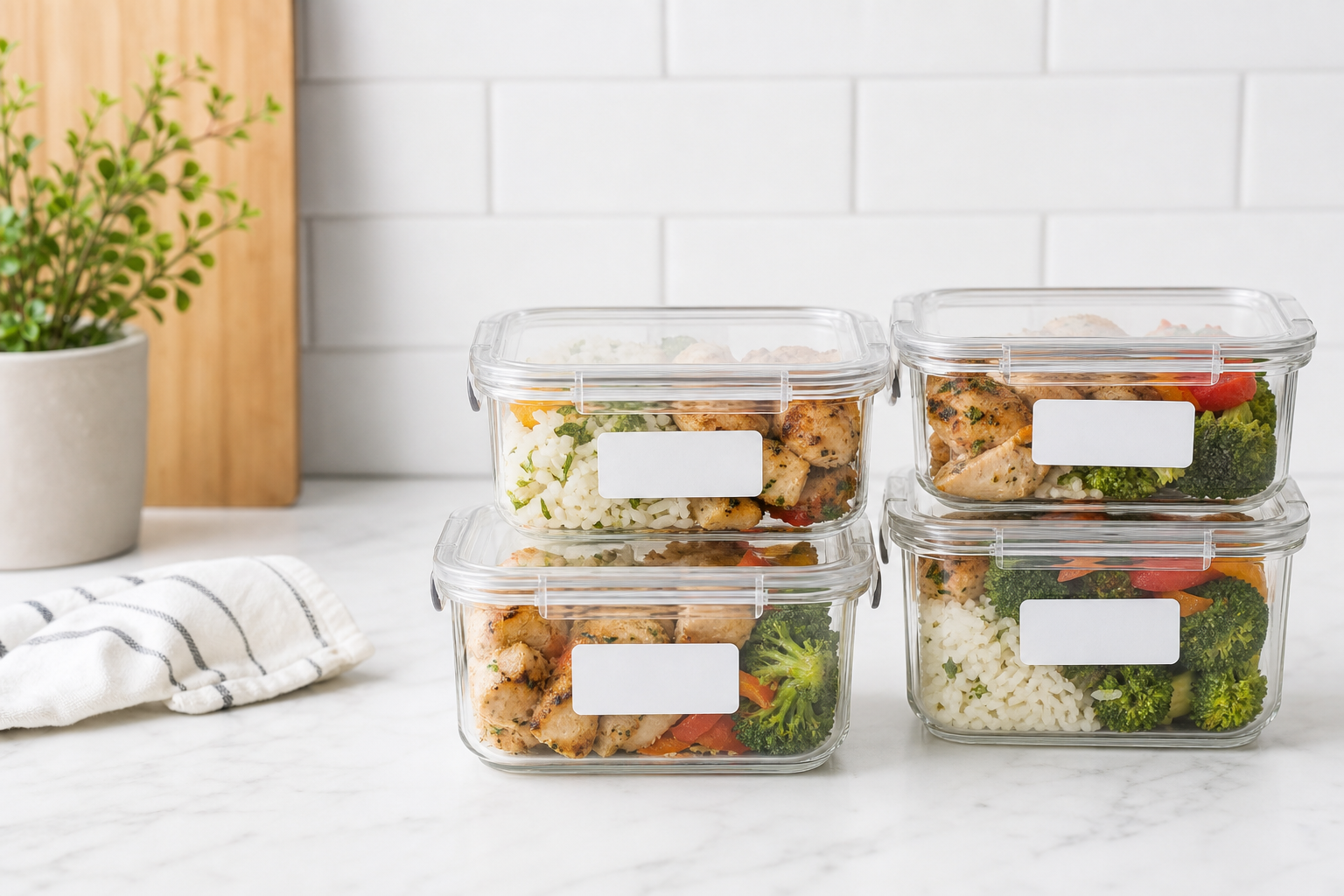 Meal prep containers on a bright kitchen counter with blank labels
